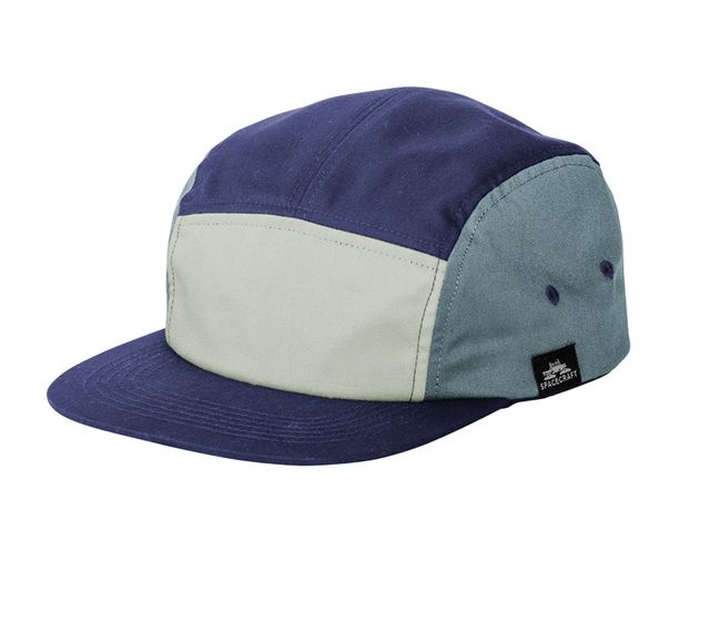 Navy, sage and blue five-panel camp cap
