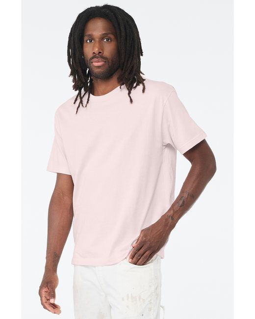 Man in a light pink short-sleeve T-shirt